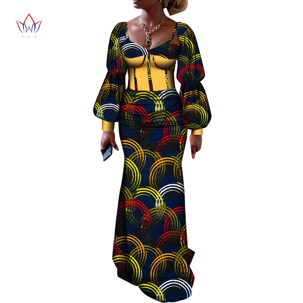 

Женские комплекты из юбки в африканском стиле, комплект из 2 предметов, сексуальные топы с пышными рукавами и юбка с высокой талией, богатые вечерние аксессуары, WY604