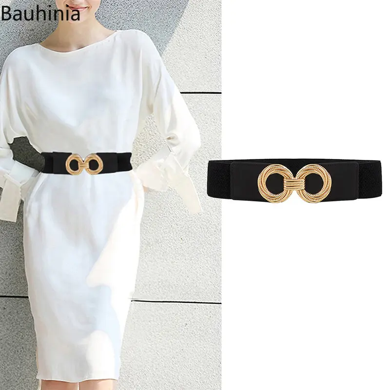 Bauhinia Double Ring Metal Buckle Wide Waist Elastic Belts Ladies Decoration Sweater Coat Clothing Accessories