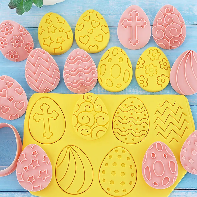 

10pcs Cartoon Easter Egg Cookie Embosser Mold Eggs Shaped Cookie Cutter Fondant Cake Decorating Tools Baking Biscuit Cutting Die