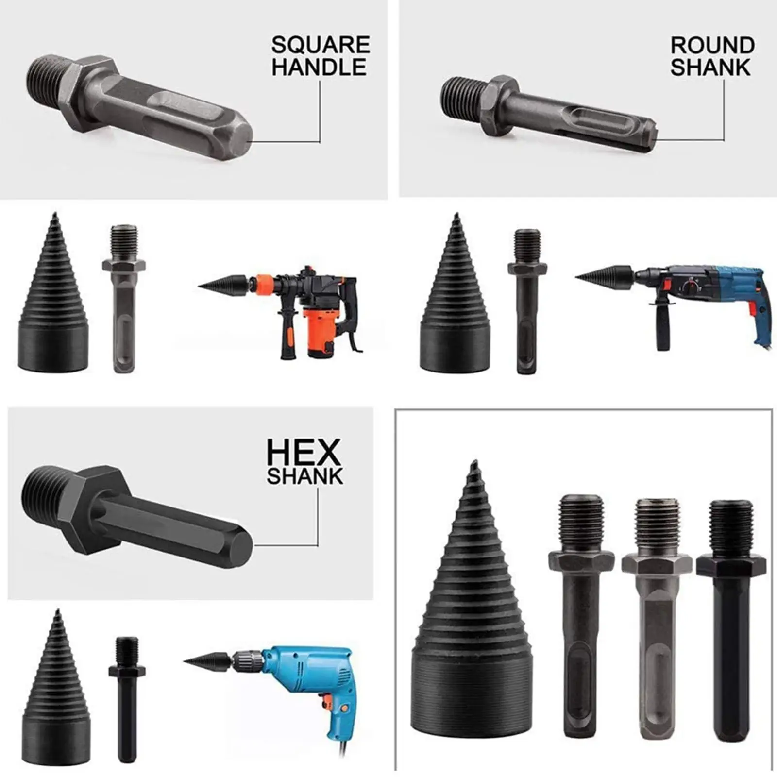 

42 Splitter Screw Splitting Cone Driver with Round + Hex + Square Shank,Removable Firewood Log Splitter Drill Bit for Household