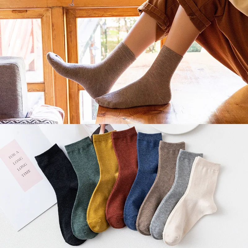 Spring and Autumn Socks Japanese Series Solid Color Women's Medium Tube Socks High Rib College Style Cotton Socks