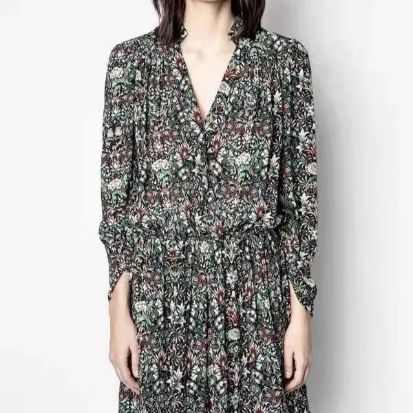 

Retro Mini Dress Women Spring New 100% Rayon Long Sleeve Floral Printed Ladies Short Dresses