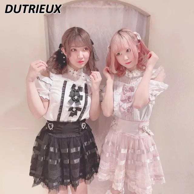 

Japanese Mine Mass-Produced Bow Contrast Color Shirt Cute Off-Shoulder Short Sleeve Blouse Lolita Sweet Girl All-Match Blusas