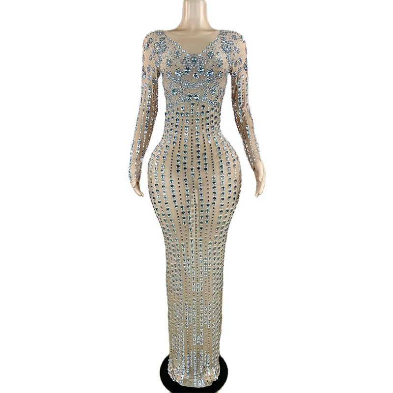 

Rhinestone Sexy Sparkly Transparent Long Sleeves Dress Evening Birthday See Through Singer Costume