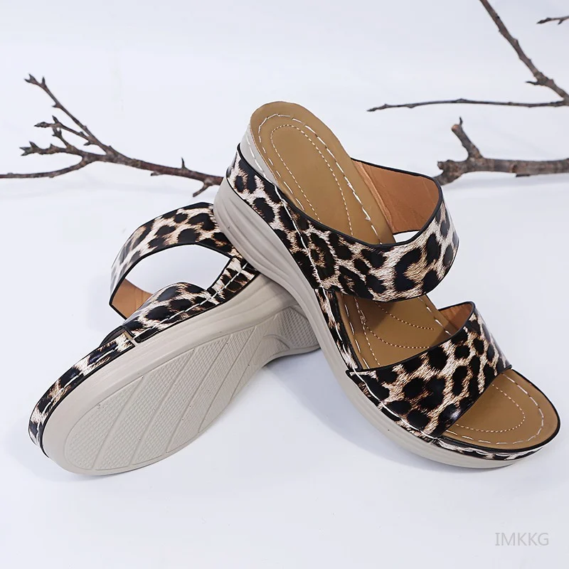 

Foreign Trade Large Size 2022 Summer New Casual Leopard Print Snake Print Flower High Heel Women's Wedge Heel Slippers Women