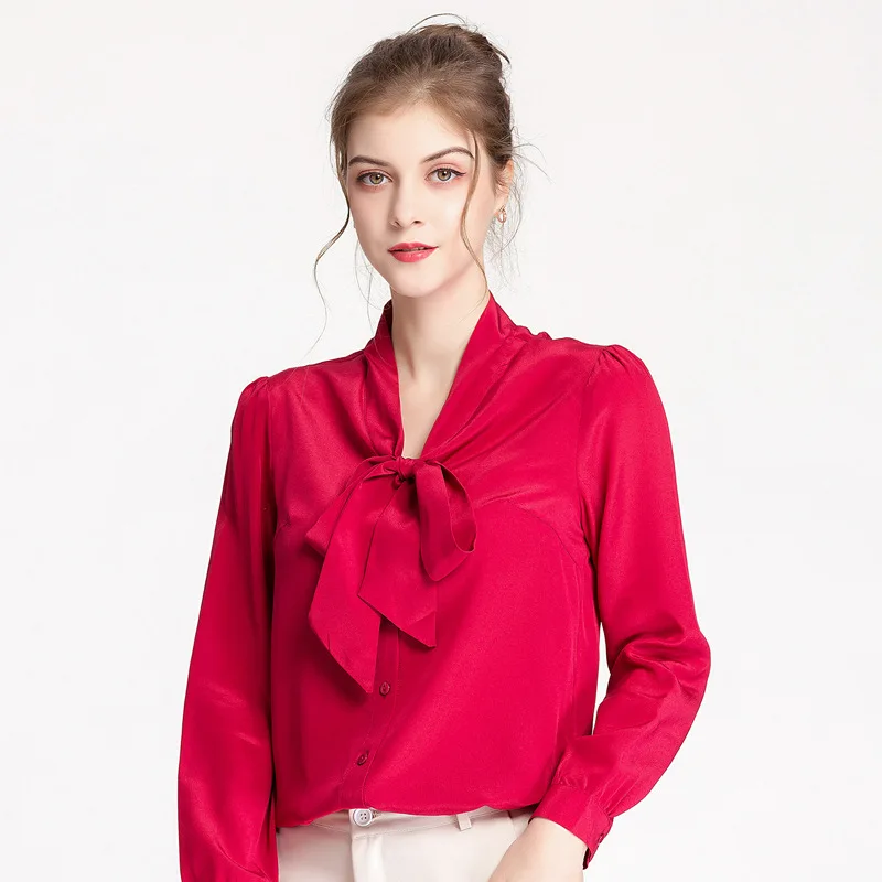 

Flame Of Dream 100% Silk Shirt Women's Long Sleeve Shirt 2022 New Summer Bow Ribbon Mulberry Silk Top 22-80