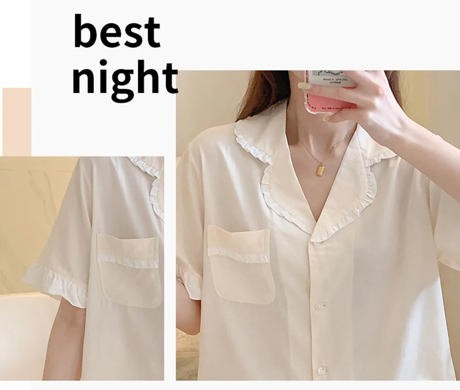 Summer Thin Loose Sleepwear Attractive Women's Nightwear Clothing Short Sleeve Turn-down Collar Pajamas Set Big Size Loungewear