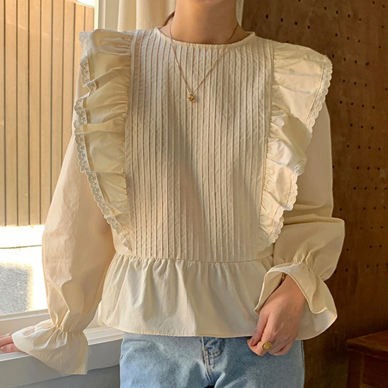 

WDMSNA, французские простые женские блузки с круглым вырезом, женские плиссированные Блузы с оборками, Свободные повседневные женские рубашки...