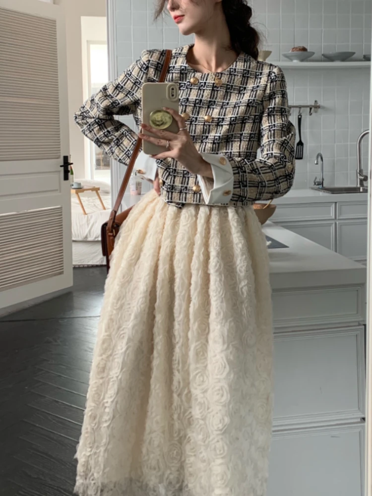 

Vintage Elegant Two Piece Set Women Korean Style Y2k Sweet Casual Suit Female Chic Plaid Jacket and White Midi Skirt Autumn 2022