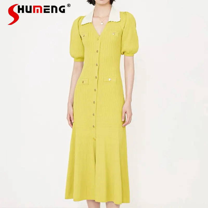 

French Style Temperament Fashionable Color Matching Turn-down Doll Collar Ice Silk Short Sleeve Dress New Puff Sleeve Long Dress