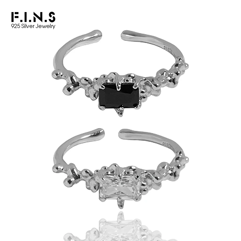 

F.I.N.S Irregular Surface Geometric Zircon 100% S925 Sterling Silver Open Ring Stackable Resizable Wedding Rectangle CZ Rings
