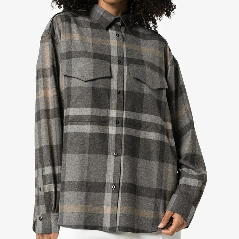 

Women Shirt Plaid Turn-down Collar Single Breasted Long Sleeve Blouse