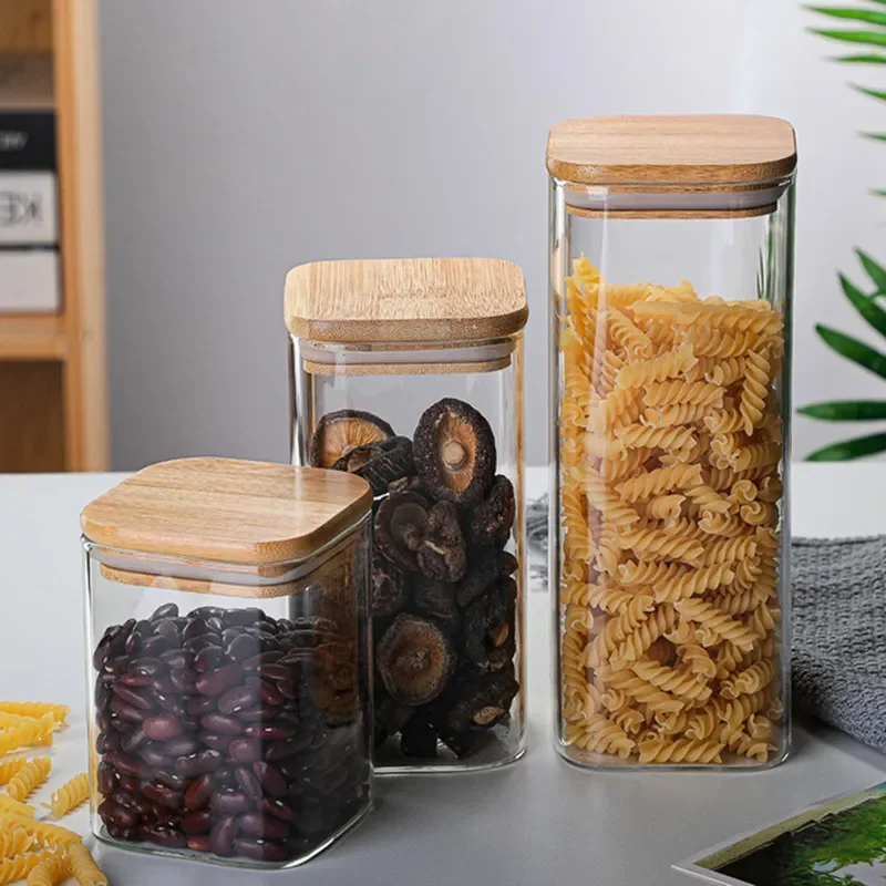 

Cookie Container Mason Jar Glass For With Kitchen Cover Square Lids Glass And Candy Spices bamboo Jar Wholesale Jars Lids Jars