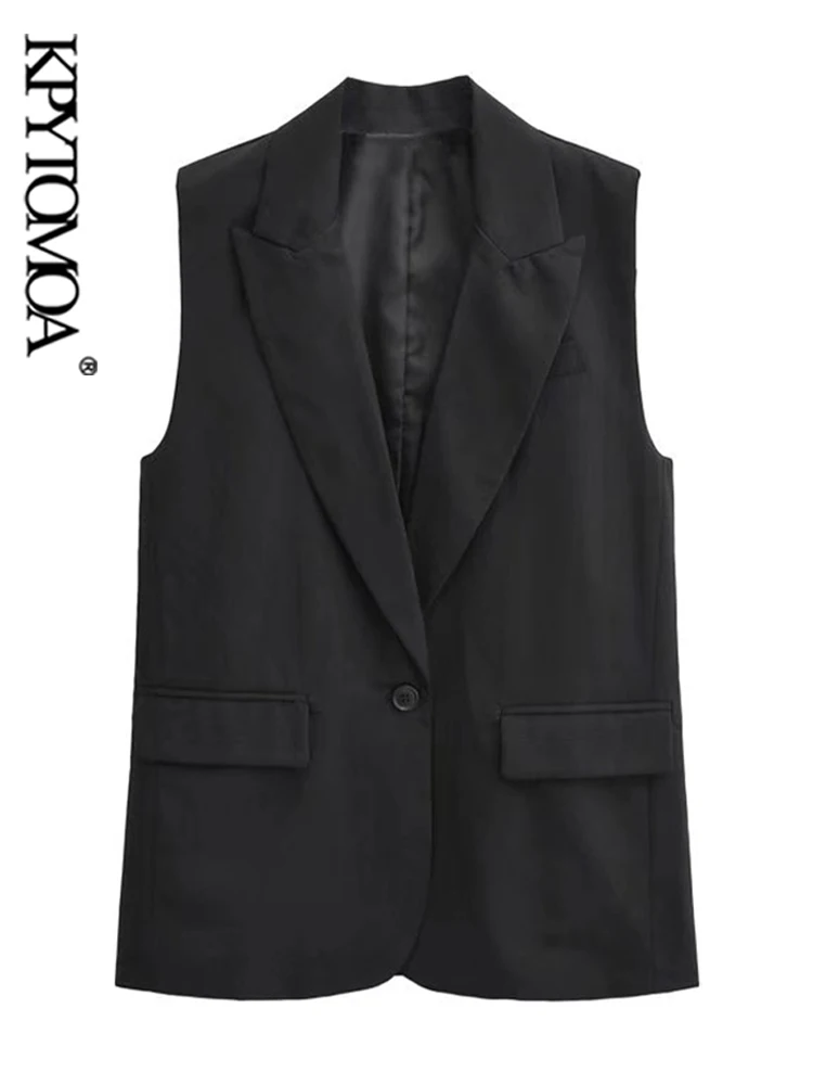 

KPYTOMOA Women Fashion Single Button Office Wear Waistcoat Vintage Sleeveless Flap Pockets Female Outerwear Chic Tops