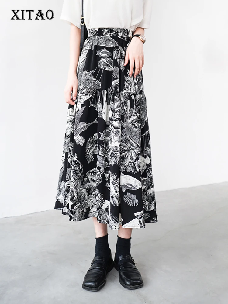 

XITAO/однотонная Свободная юбка с принтом и эластичной резинкой на талии; Новое поступление 2022 года; Сезон лето; Повседневная модная одежда; Ун...
