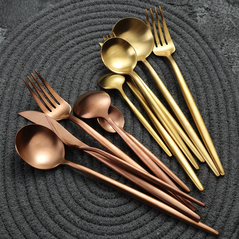 

Mirror Golden Stainless Steel Cutlery Set Children's Fork Knife Soup Dessert Ice Spoon Complete Dinner Dinnerware Set Chopsticks