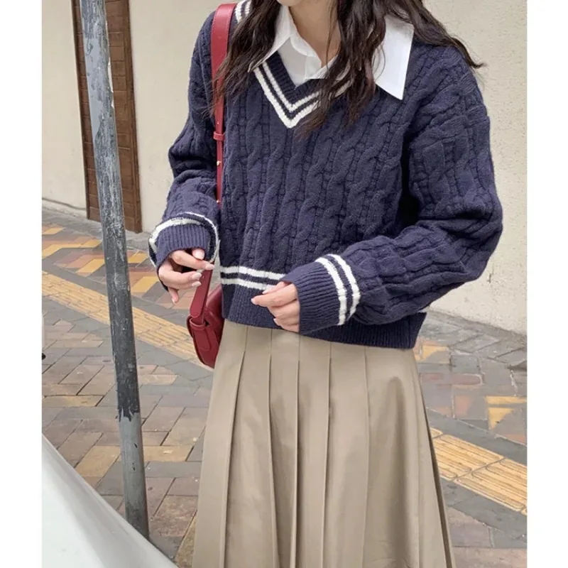 Весенне-осенний женский свободный повседневный пуловер с v-образным вырезом в