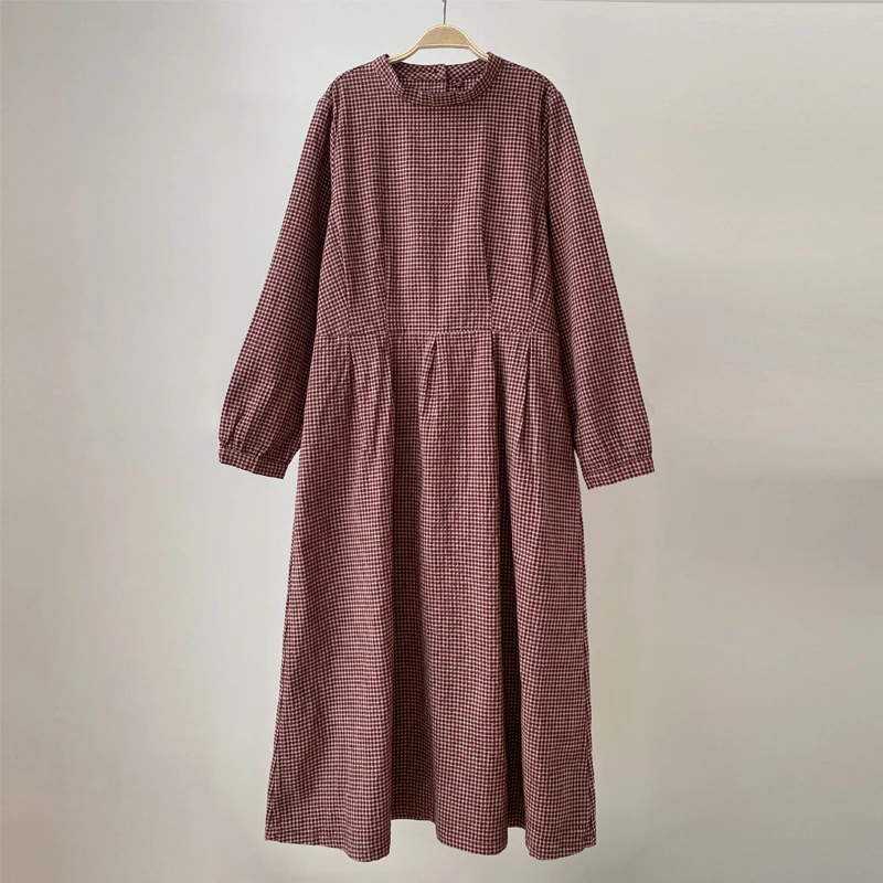 Женское винтажное платье в клетку Johnature простое из хлопка и льна японском стиле с