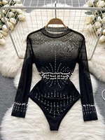 fashion bead sequined solid color versatile playsuits womens 2022 summer new round neck long sleeve jumpsuit ladies