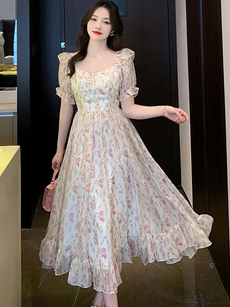 

Женское длинное платье с оборками, повседневное элегантное облегающее платье с цветочным принтом в стиле бохо, одежда для выпускного вечера в Корейском стиле, летние платья с квадратным вырезом и пышными рукавами, 2023