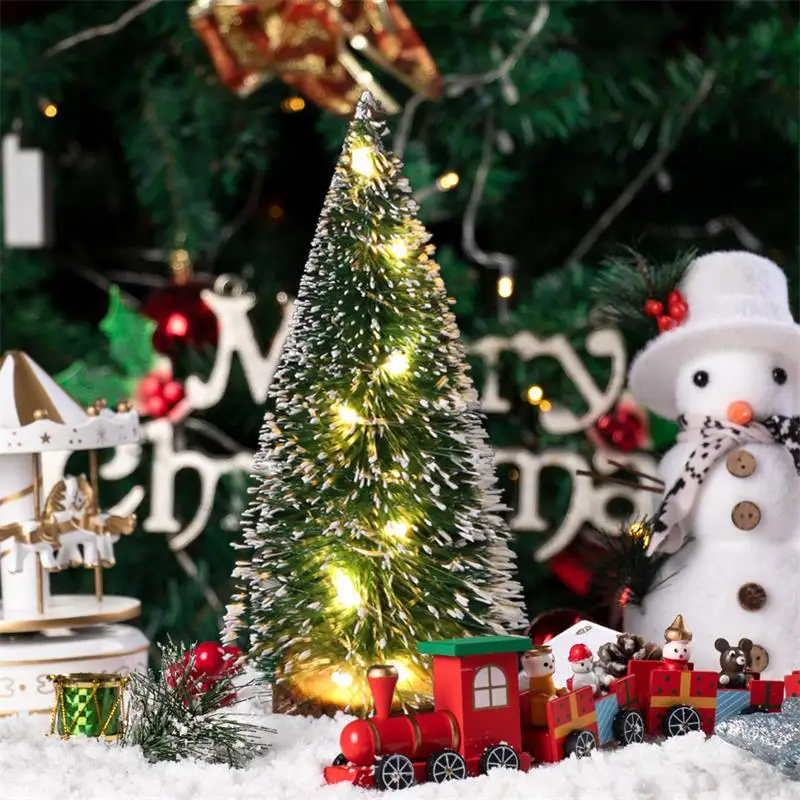 

Мини Рождественская елка, маленькая зеленая кедровая светодиодная подсветка с белыми краями, сосновые иглы, рождественские украшения, настольные украшения, подарки