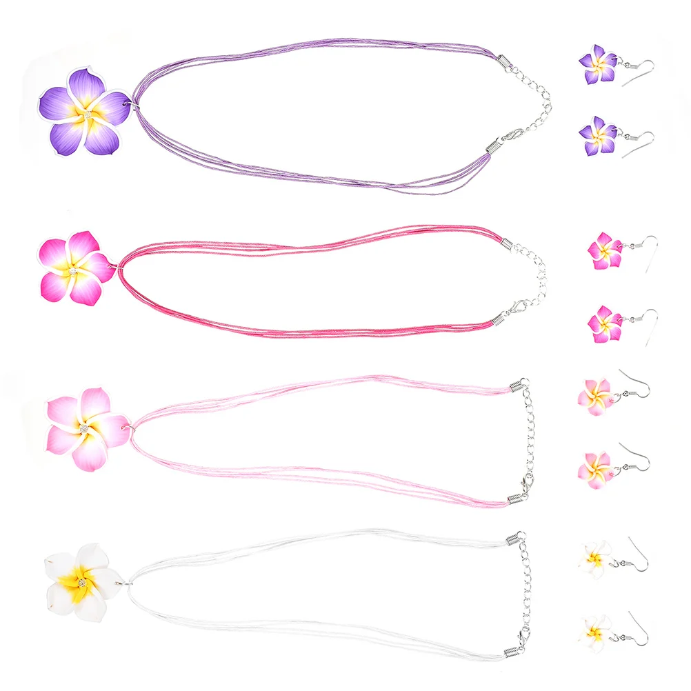 

4 Sets Frangipani Accessories Luau Party Jewelry Necklace Earrings The Flowers Plumeria Alloy Hawaii Theme Miss