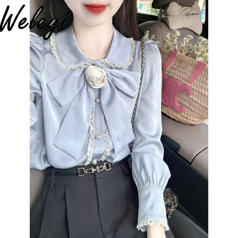 Темпераментная рубашка с бантом и камелией топ Ropa Mujer весенне-осенняя уличная