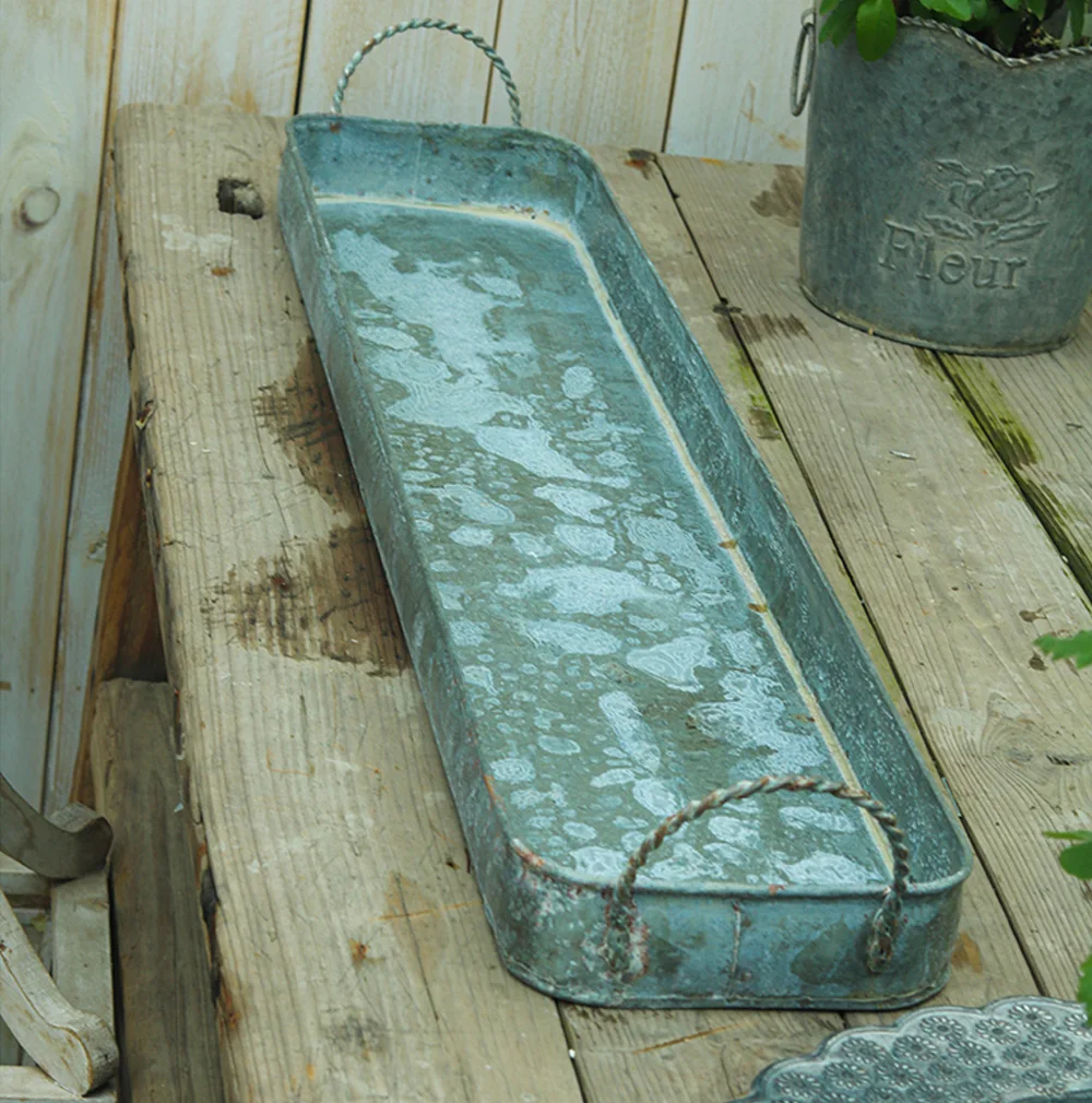 

2 Pieces Long Narrow Vintage Rustic Zinc Metal Tray for Flower Pots
