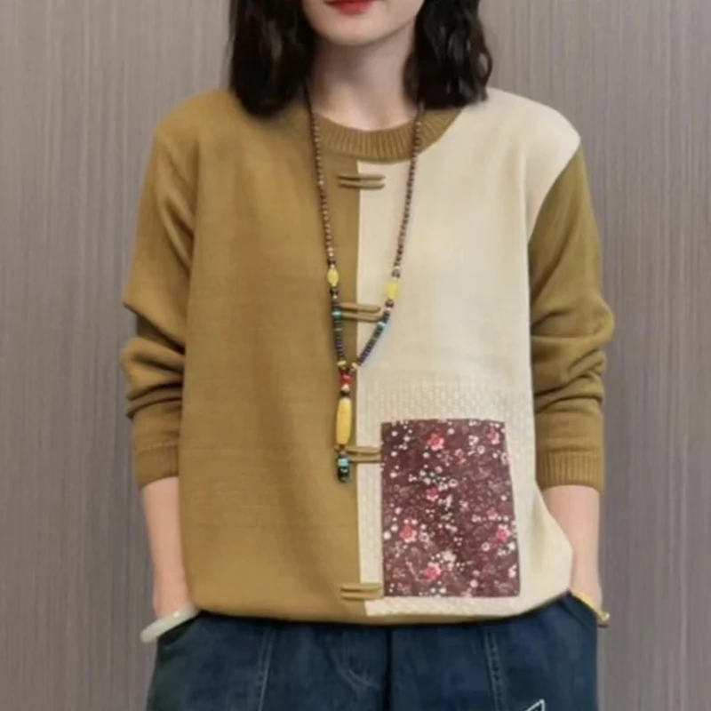 Женский трикотажный свитер в этническом стиле Повседневный пуловер контрастных