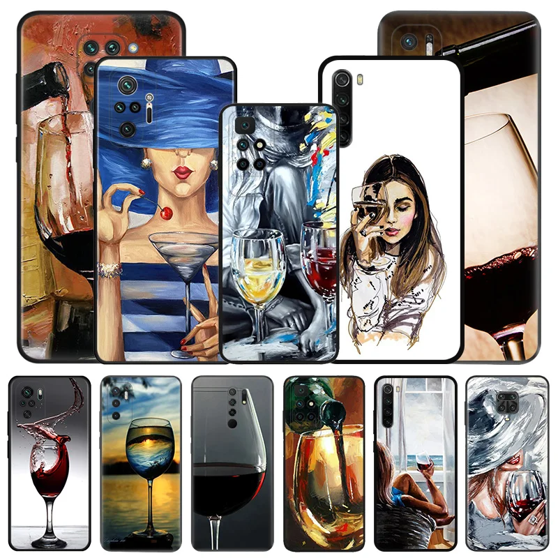 Soft Case for Redmi Note 9T 9S 8T 7 8 9 Pro 7A 8A 9A 9C 9i 6 6A Xiaomi Mi 9se 8Lite Red Wine Girl Art Black Phone Cases Cover