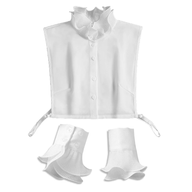 

Women 2Pcs Layered Ruffled Stand False Collar with Fake Sleeves Cuffs Wristband Set Button Down Detachable Half Shirt