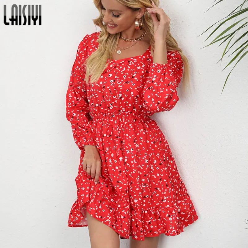 

Spring Autumn Long Sleeve Dress Floral Print Women Square Collar Folds Mini Dresses Holiday Style One Piece Female Sundress 2023