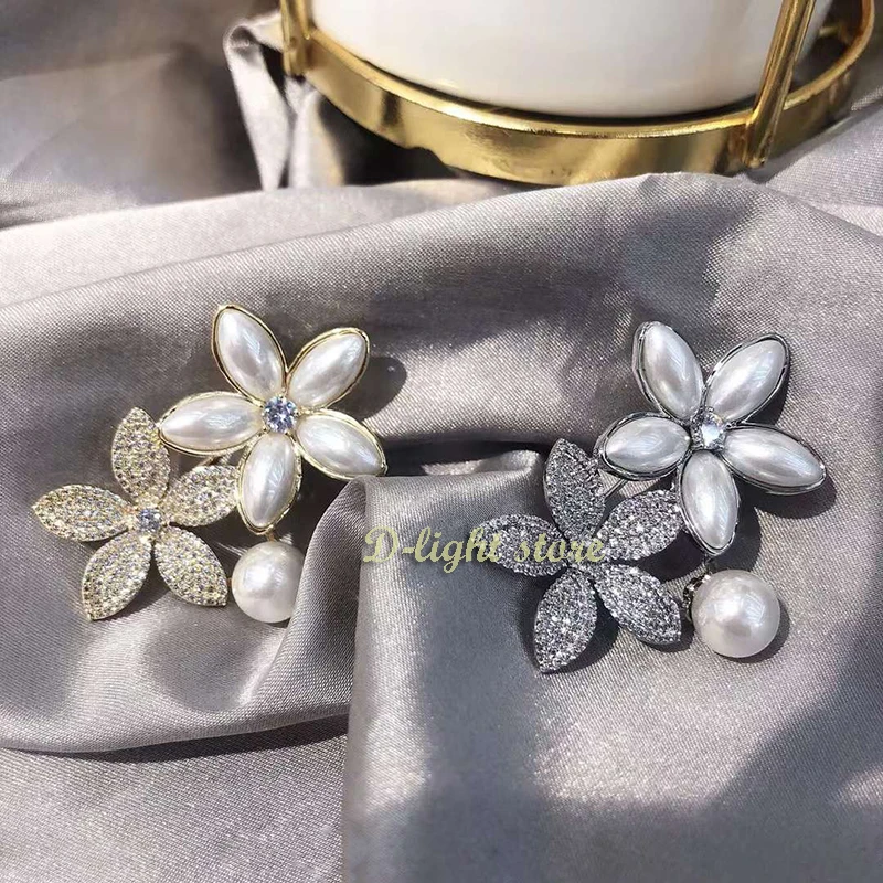 Simple Gorgeous Inlaid Sparkling Zircon Pearl Flower Brooch Ladies White Elegant Dress Shirt Jacket Accessories Party Pins Gifts