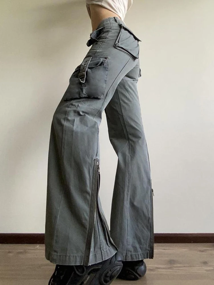 

Women's Low Waist Cargo Pants 2022 Autumn Streetwear Vintage Baggy Straight Zipper Denim Trousers Classic Casual Slit Jean Pant