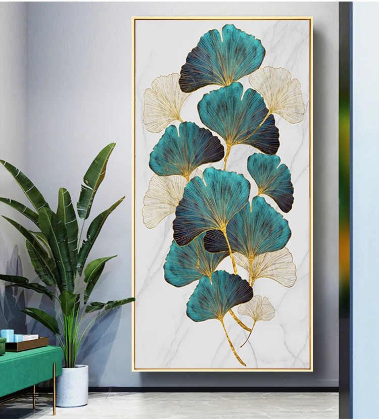 

Настенная картина с зелеными и золотыми листьями в скандинавском стиле, абстрактная живопись для гостиной, украшение для входа, холст с при...