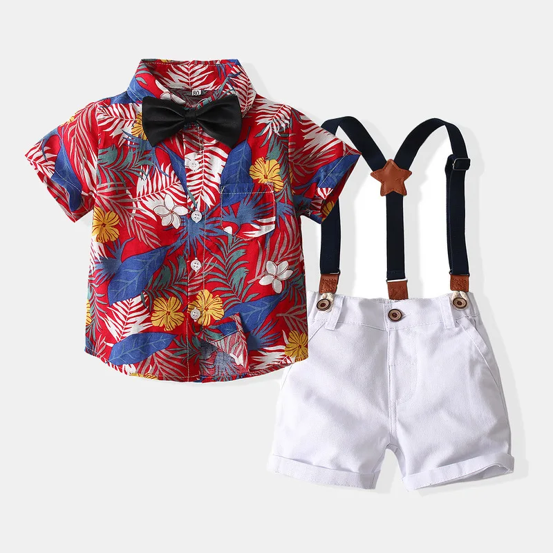 

Baby Boy Gentleman Suspenders Set 2022 Summer New Childrens Bow Tie With Hot Printed Shirt and Shorts Kids Suits Boys Clothings