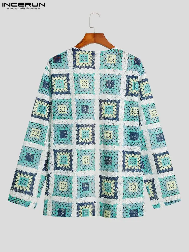 INCERUN Tops 2023 American Style New Men's Pane Flower Printing Blouse Casual Streetwear Male Long Sleeve Cardigan Shirts S-5XL