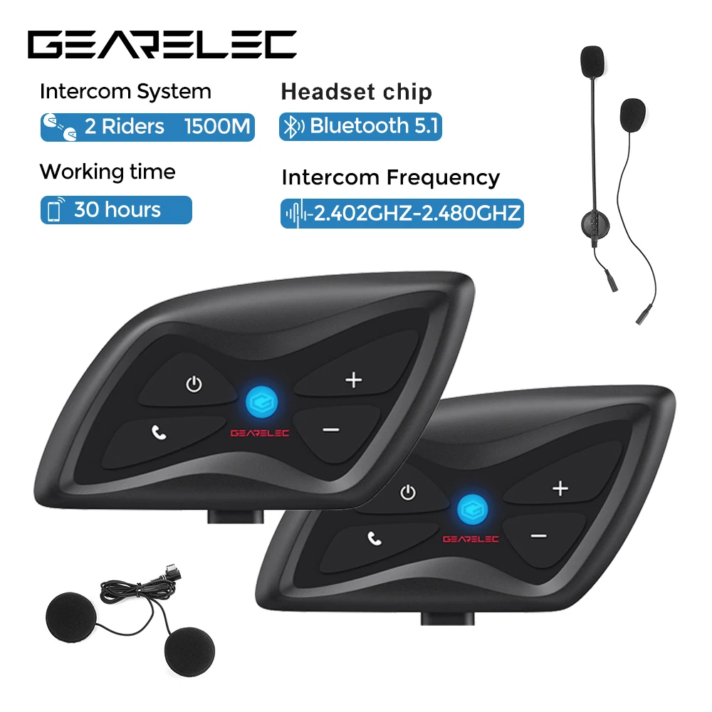 

GEARELEC Motorcycle Helmet Intercom Headset Bluetooth 5.1 Wireless Communication System IP65 Waterproof 1500m Range 2-Rider
