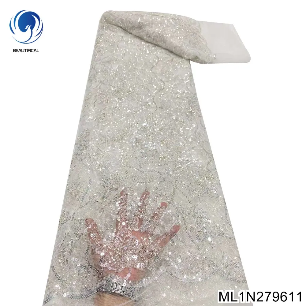 

White beads lace fabric high quality african lace 12 colour supply embroidery sequin lace fabric with pearl for wedding ML1N2796