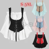2022 Medieval Steampunk 2Peices Clothing Set for Woman Off Shoulder Shirt Bandage Vest Viking Pirate Cosplay Costumes