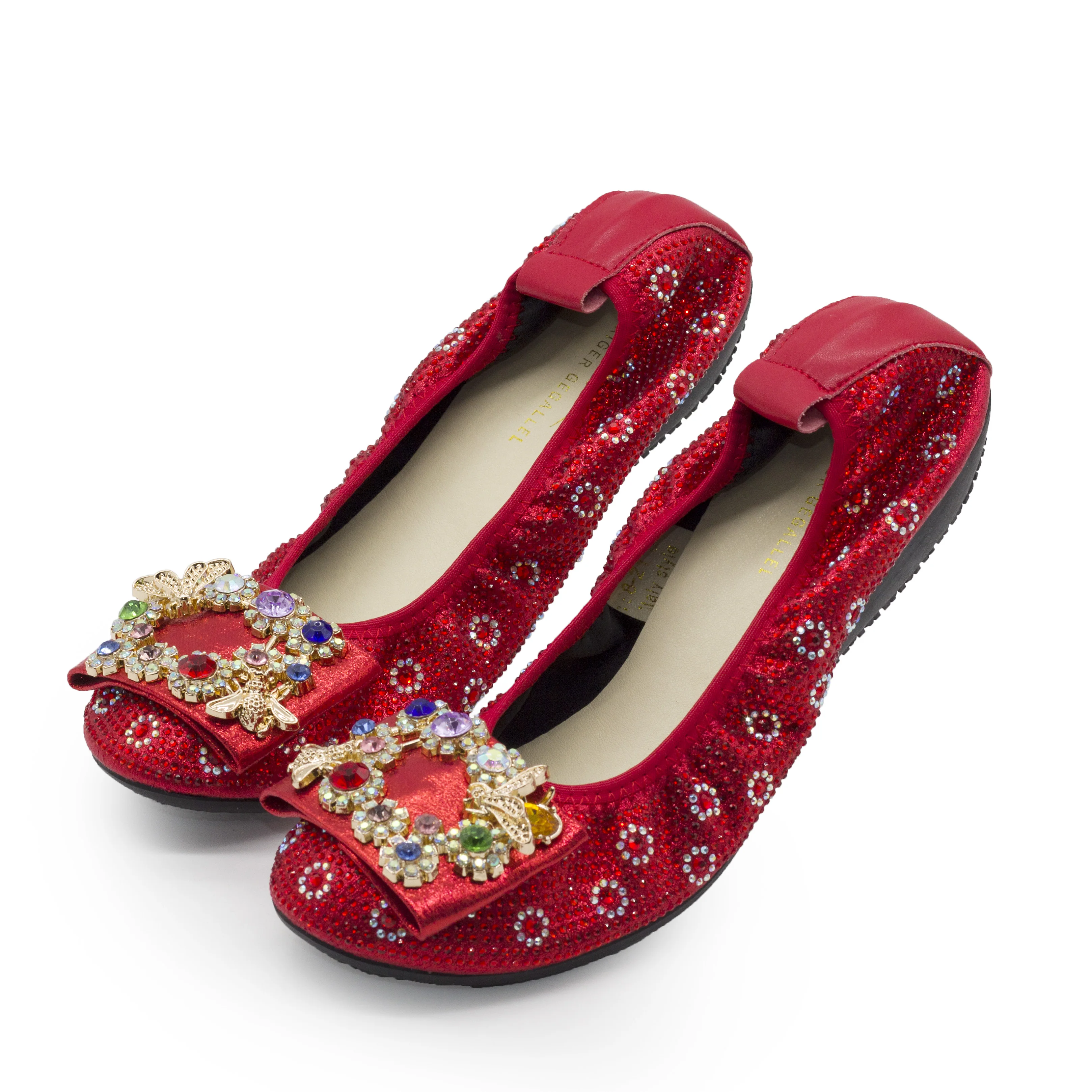 168-21 Red Ballet Shoes for Party Wedding Dress Flats Women Flexible Sole Shiny Rhinestone Buckle Women Ballet Flats for Lady