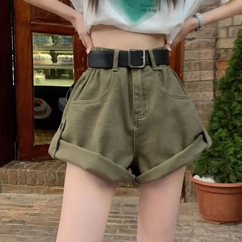 Military Green Cargo Denim Shorts Women's Retro High Waist Slim Shorts Casual Hot Girl Wide Leg Pants Pantalones Cortos De Mujer