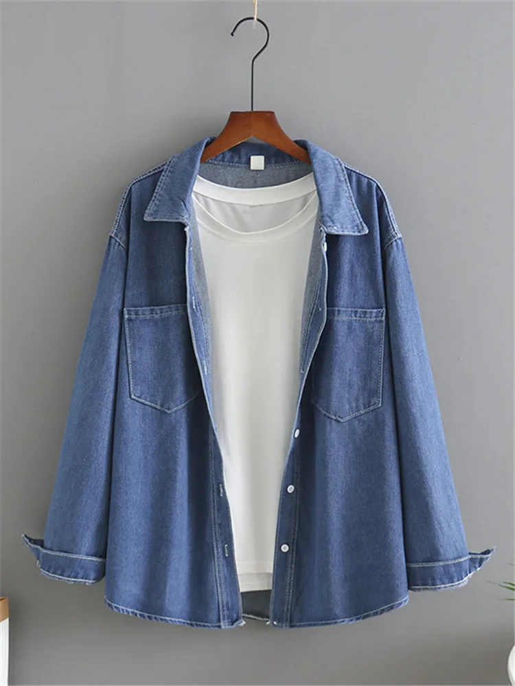 

Одежда больших размеров для весны и осени Джинсовая куртка Однотонная рубашка с длинным рукавом Рубашка большого размера и пальто Два спос...