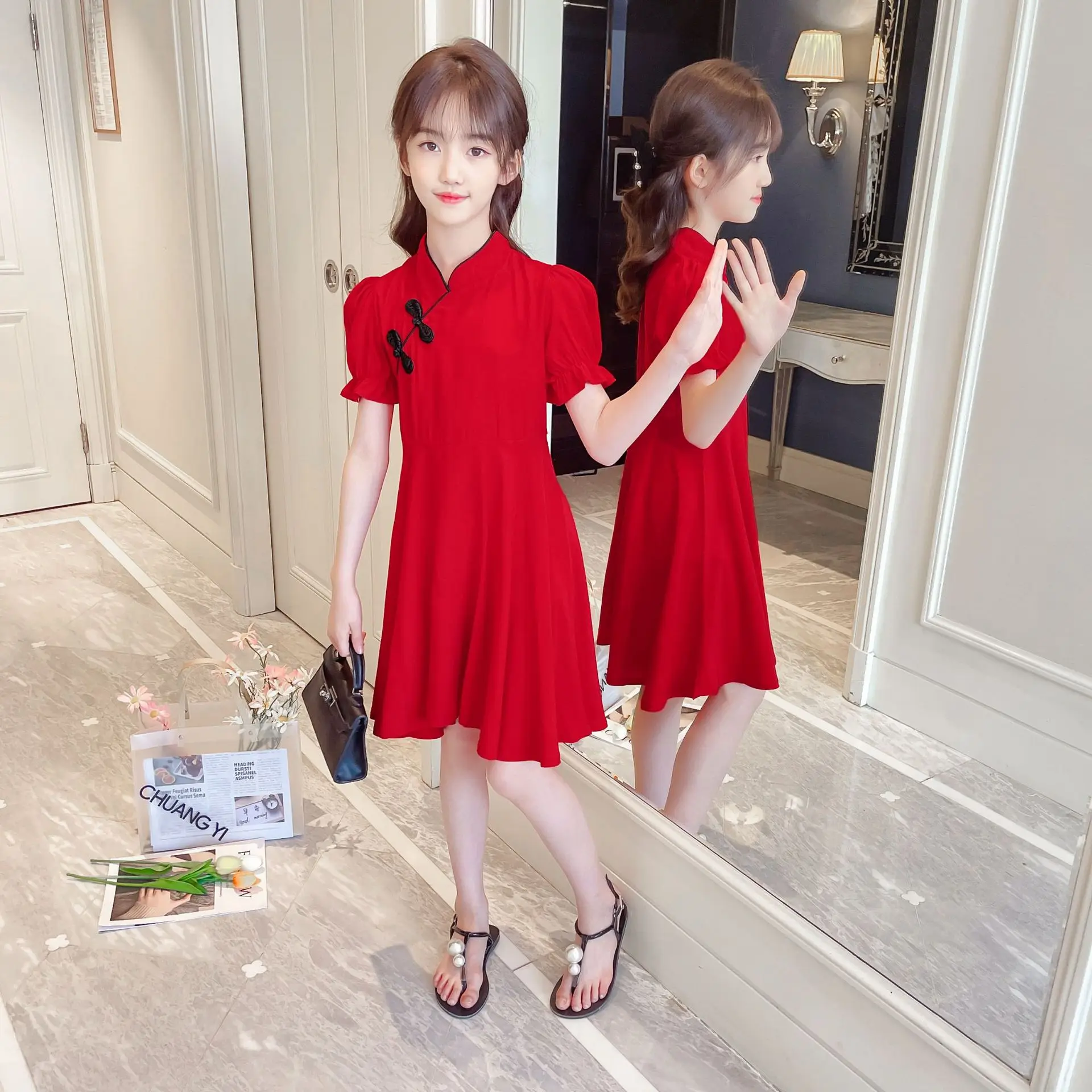 

2023 Summer Kids Girls Traditional Chinese Red Improved Cheongsam Qipao Princess Teenager Happy New Year Dresses Clothing