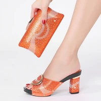 summer and autumn new rhinestone metal decoration ripple ladies chunky high heel slippers with fashion exquisite party clutch