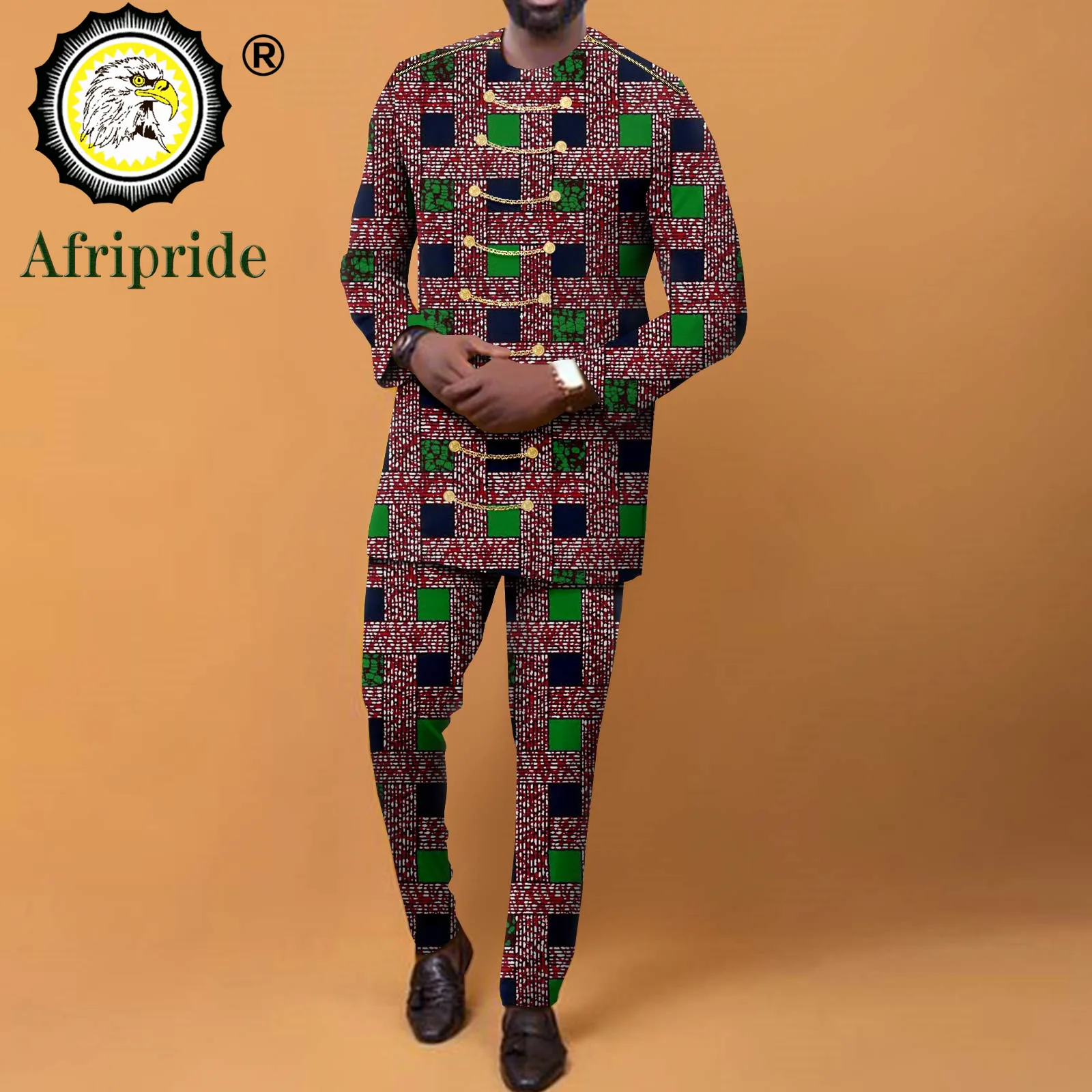 Bazin Riche African Men Clothing Dashiki Outfits Tribal Tracksuit Print Shirts with Chain and Pants 2 Piece Set A2216033
