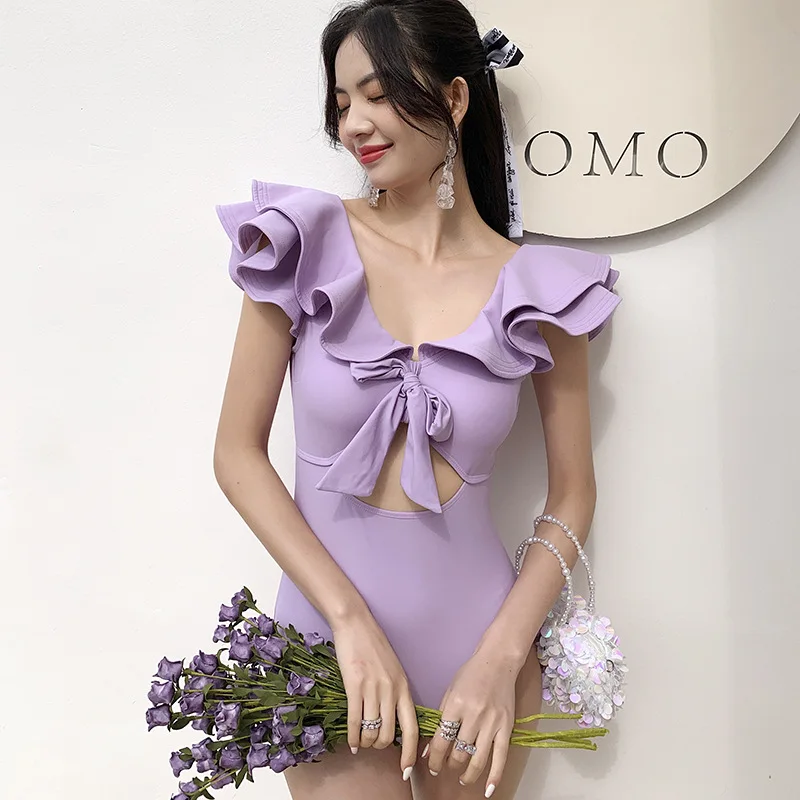 

2023 сексуальный слитный купальник с открытой спиной и оборками, Женский однотонный купальник, Монокини пуш-ап, бандажный купальный костюм, трикини, купальный костюм