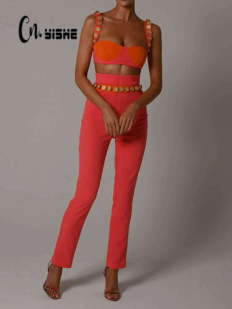 

CNYISHE Fashion Patchwork Neon Orange Red Woman Two Piece Outfit Set Summer Overalls Skinny Pants and Tanks Matching Sets Suits