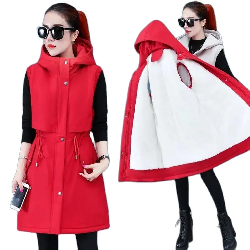 

Mid Length Thick Fleece Hooded Vest Jacket 2022 New Winter Women Waistcoat Female Parka Sleeveless Slim Drawstring Casual Tops