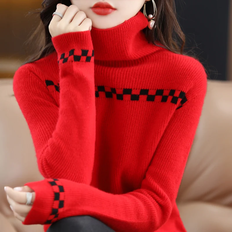

Pure Woolen Sweater Women's Korean Version Soft Waxy High Lapel Stripe Slim Underlay Knitted Cashmere Shirt Autumn Winter Style